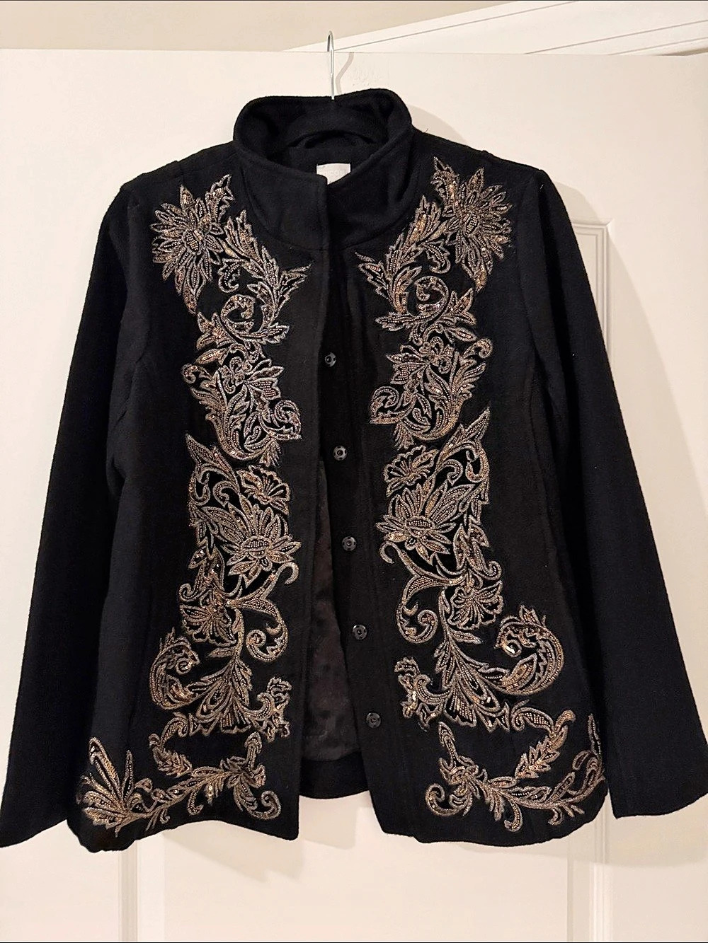 Chico's Novelty Embellished LS Jacket Embroidered Wool Jacket in Black Size 1